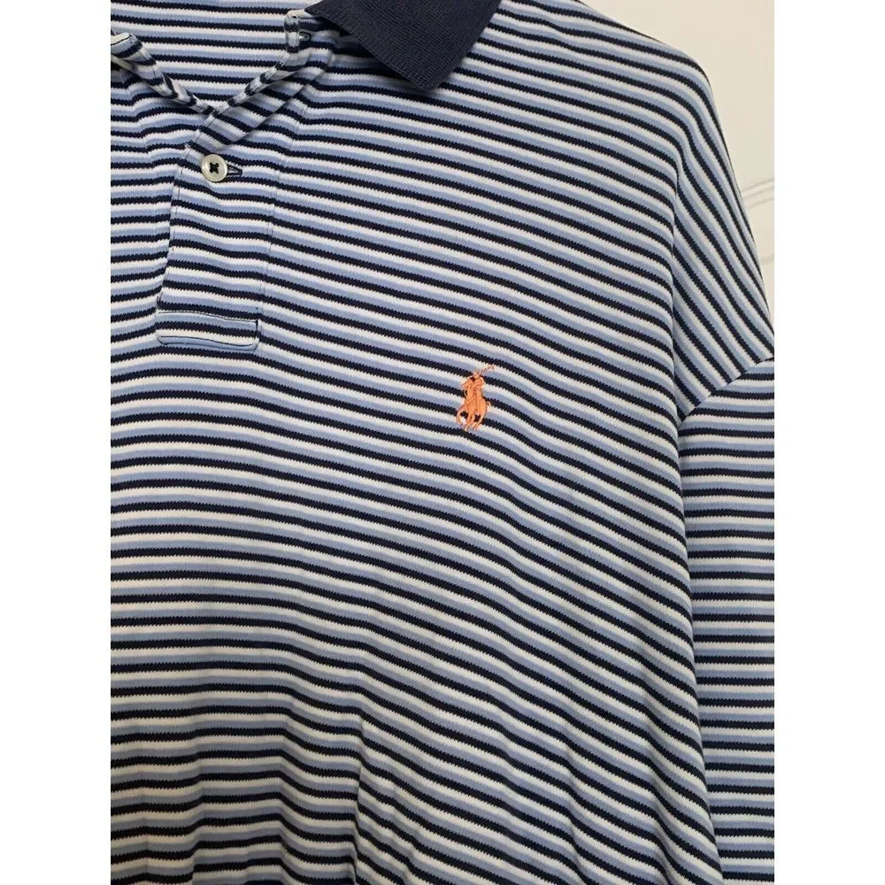 Ralph Lauren Polo Shirt Men's 2XL Navy, Light Blue &‎ White Striped 100% Cotton